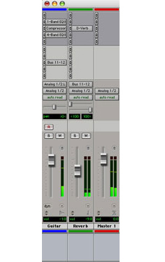 ProTools channel strip, aux return, and master fader.