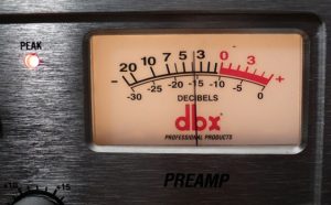 A dbx VU meter. Note that the needle on the meter registers a decent signal level here, but the peak LED indicates an over.