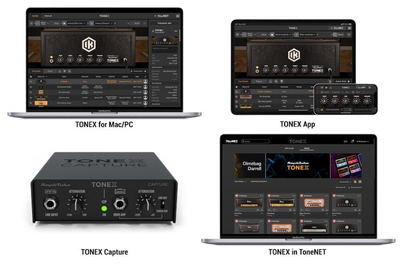 AmpliTube TONEX ecosystem consists of 4 products: TONEX for Mac/PC, TONEX App, TONEX in ToneNET, and TONEX Capture