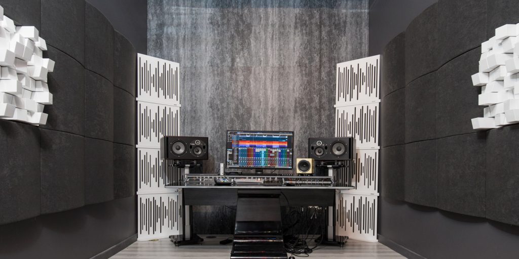 Studio setup with Vicoustic recycled plastic acoustic panels